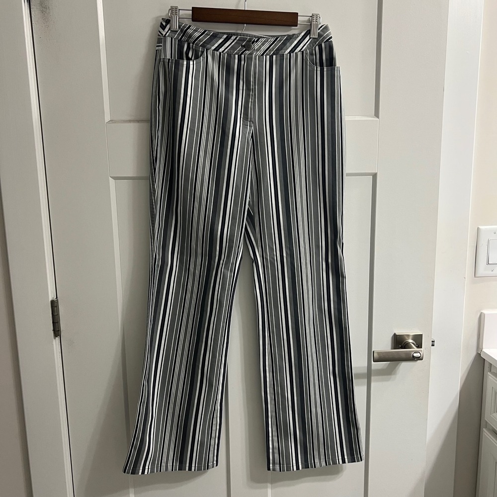 Caslon Women Grey White Black Striped Straight Leg Trousers Pants Sz 8 Retro